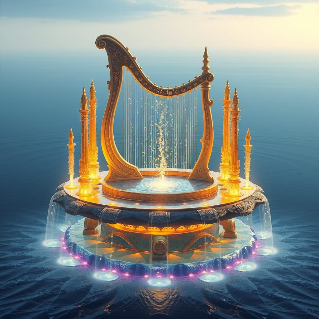 Celestial Harp Fountain Above Endless Ocean