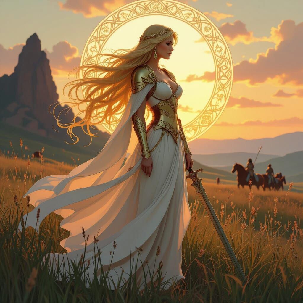 Valkyrie on Battlefield in Art Nouveau Style