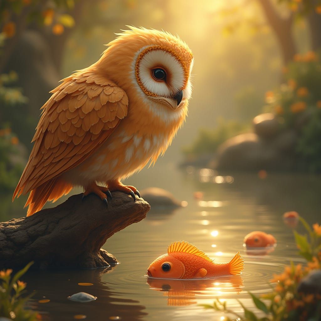 Majestic Owl Amidst Pufferfish on a Serene Pond
