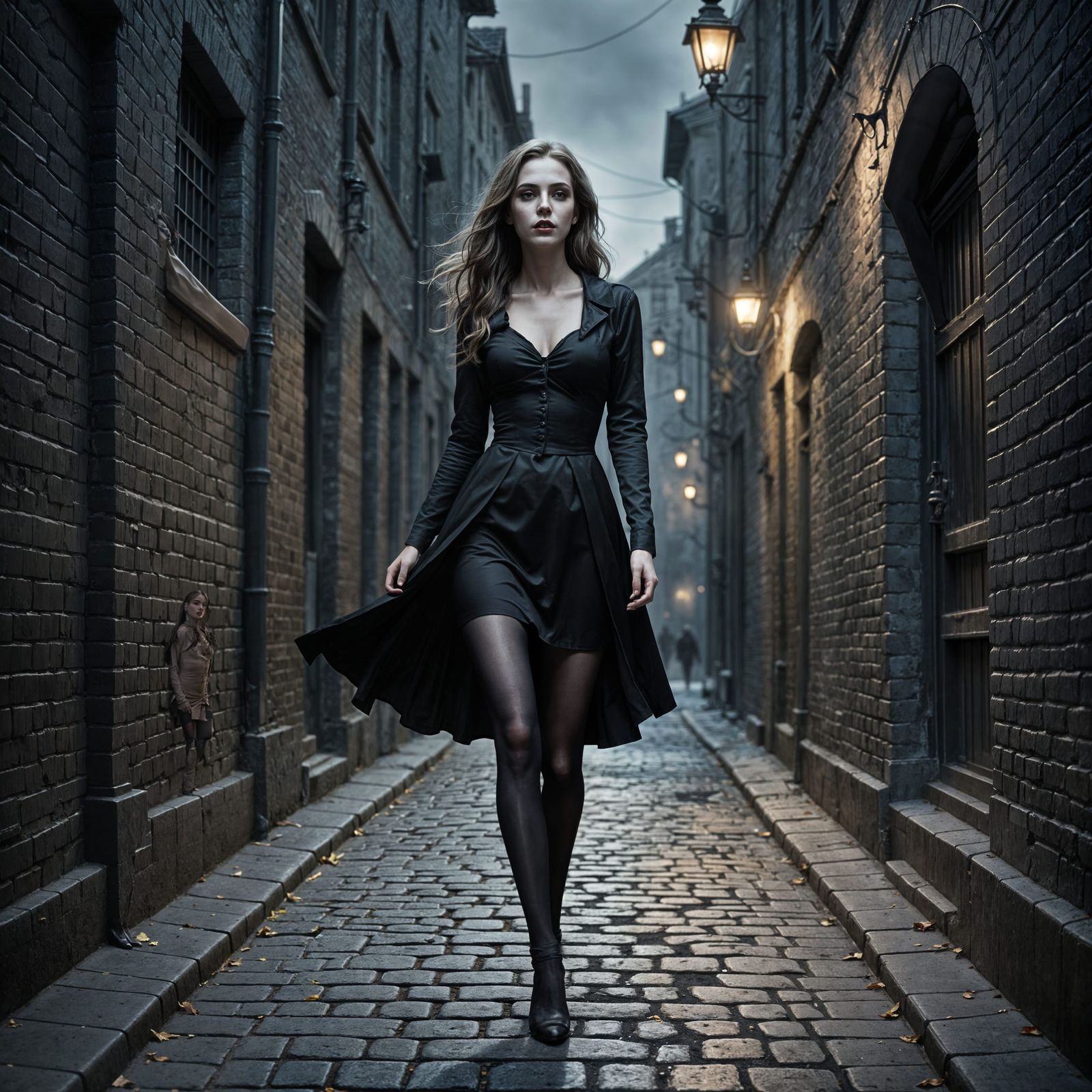 Ethereal Vampire Strolls Past Lifeless Victim in Dark Alleyw...