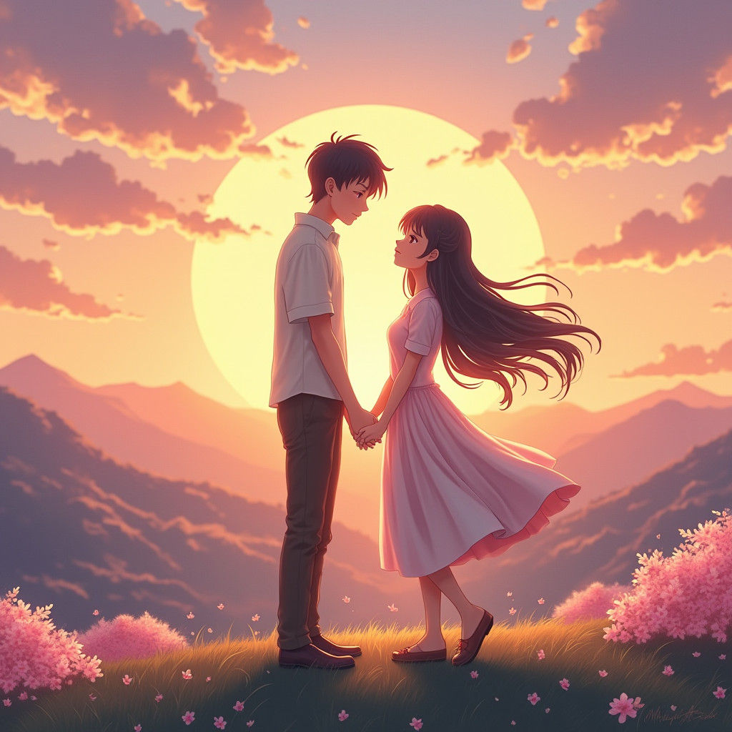 Romantic Anime Couple at Sunset on Picturesque Hillside