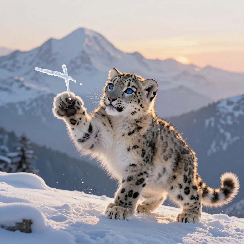 Snow Leopard Cub Playing with Icicle at Dawn