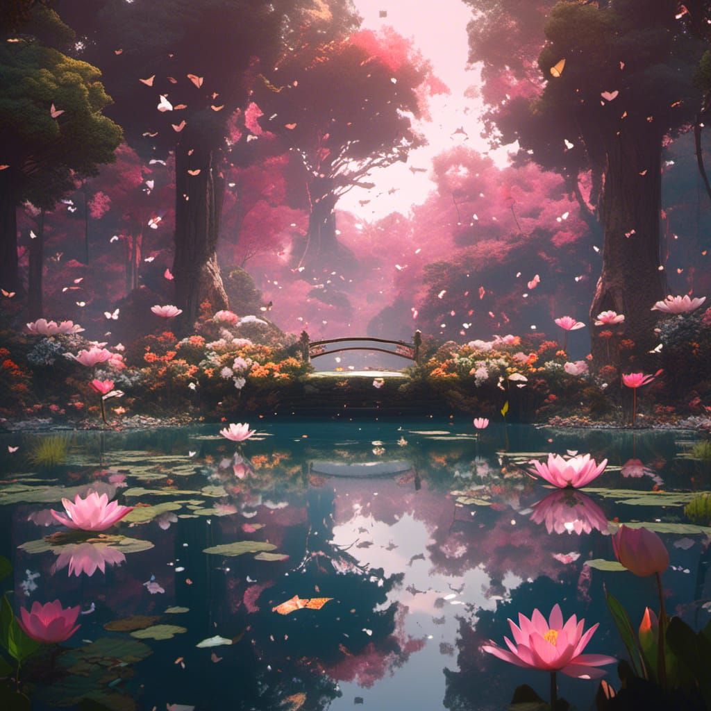 Enchanting Pond with Water Lilies and Pink Sky
