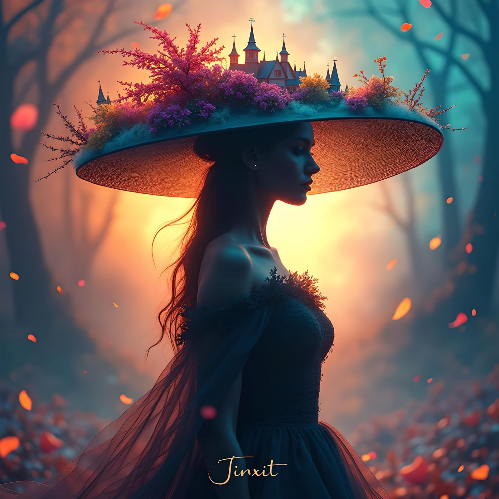 Double Exposure Kingdom: Woman's Silhouette in Matte Paintin...