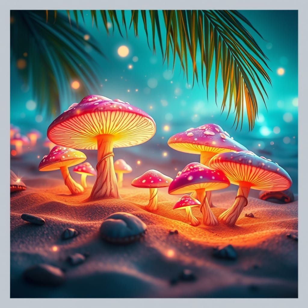 Whimsical Beach Scene with Glowing Mushrooms
