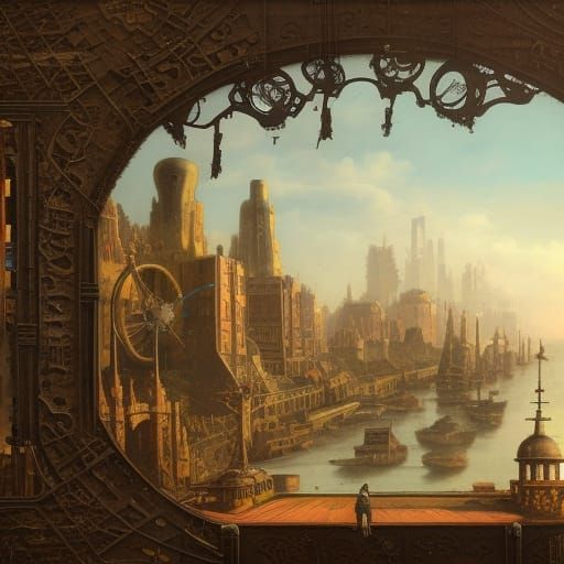 Victorian City with Giant Robot: Detailed Matte Painting