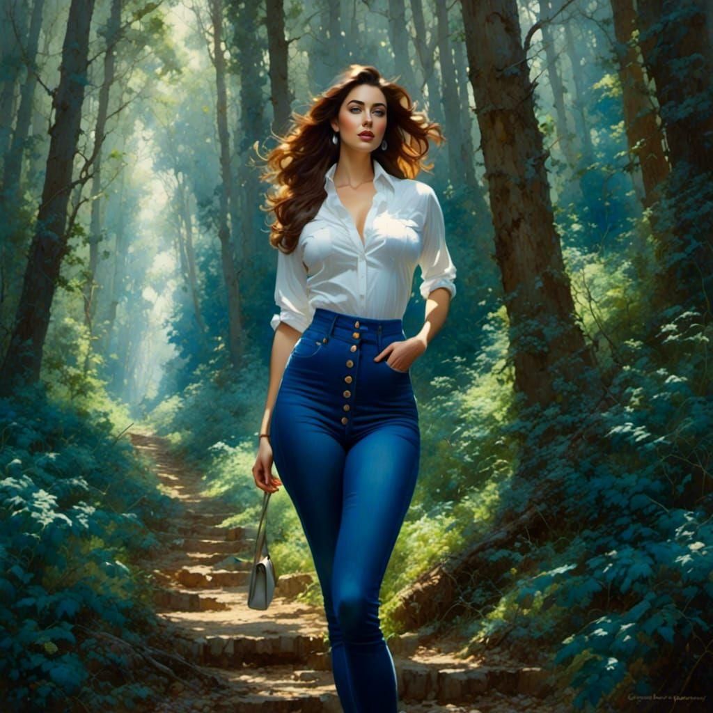 Brunette Explorer in Watercolor Forest Portrait