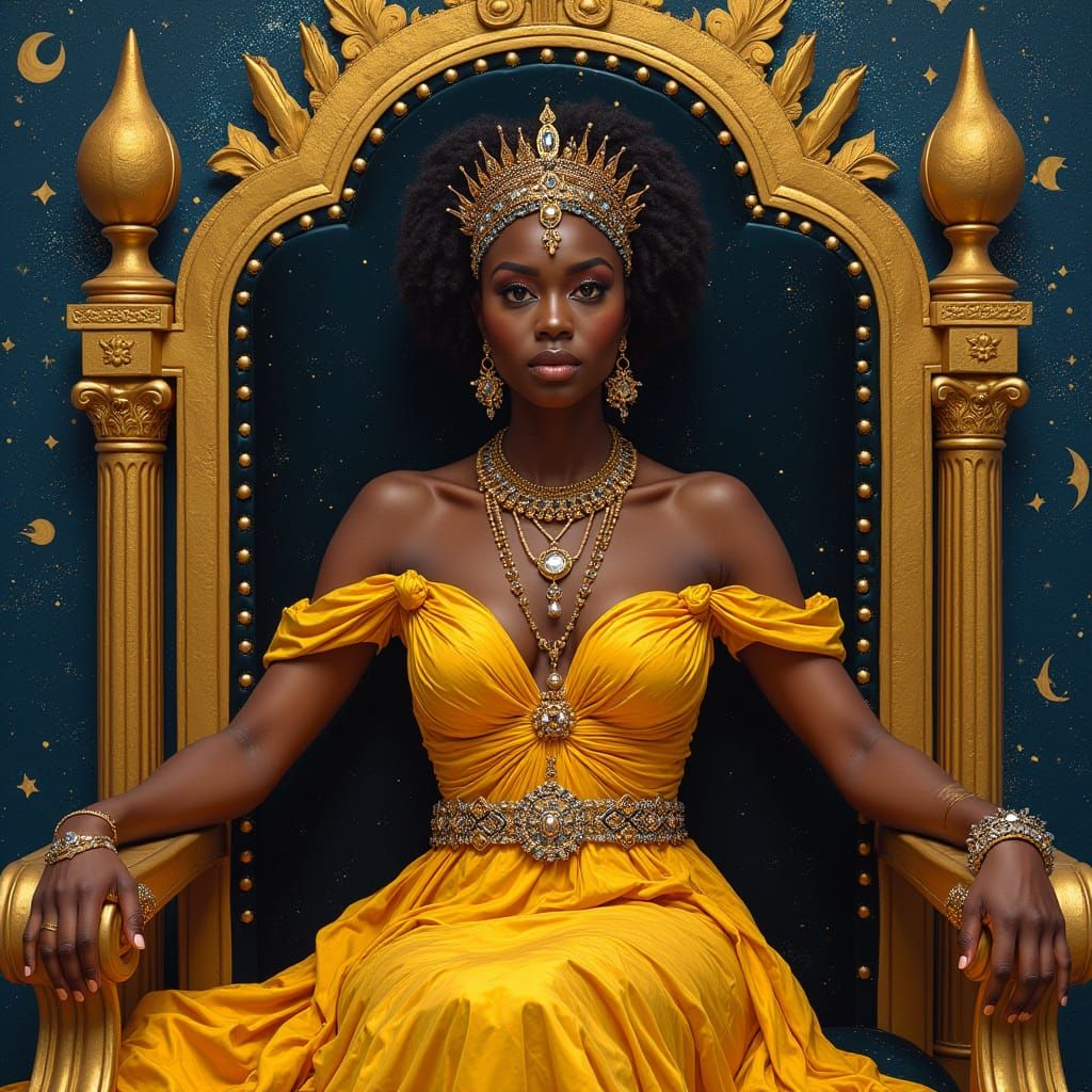 Regal Black Queen on Obsidian Throne in Neo-Expressionism