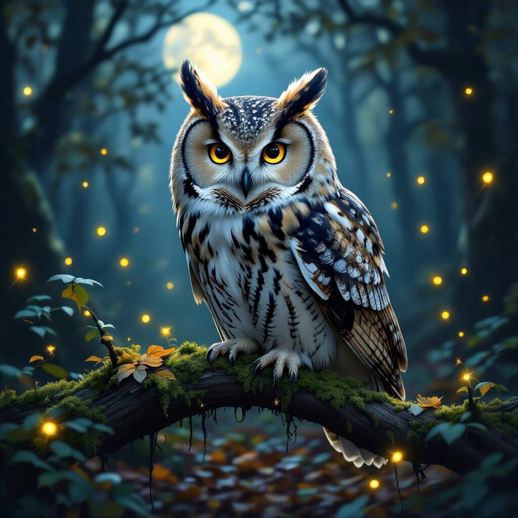 Moonlit Owl in Enchanted Forest, Hyperrealistic Style