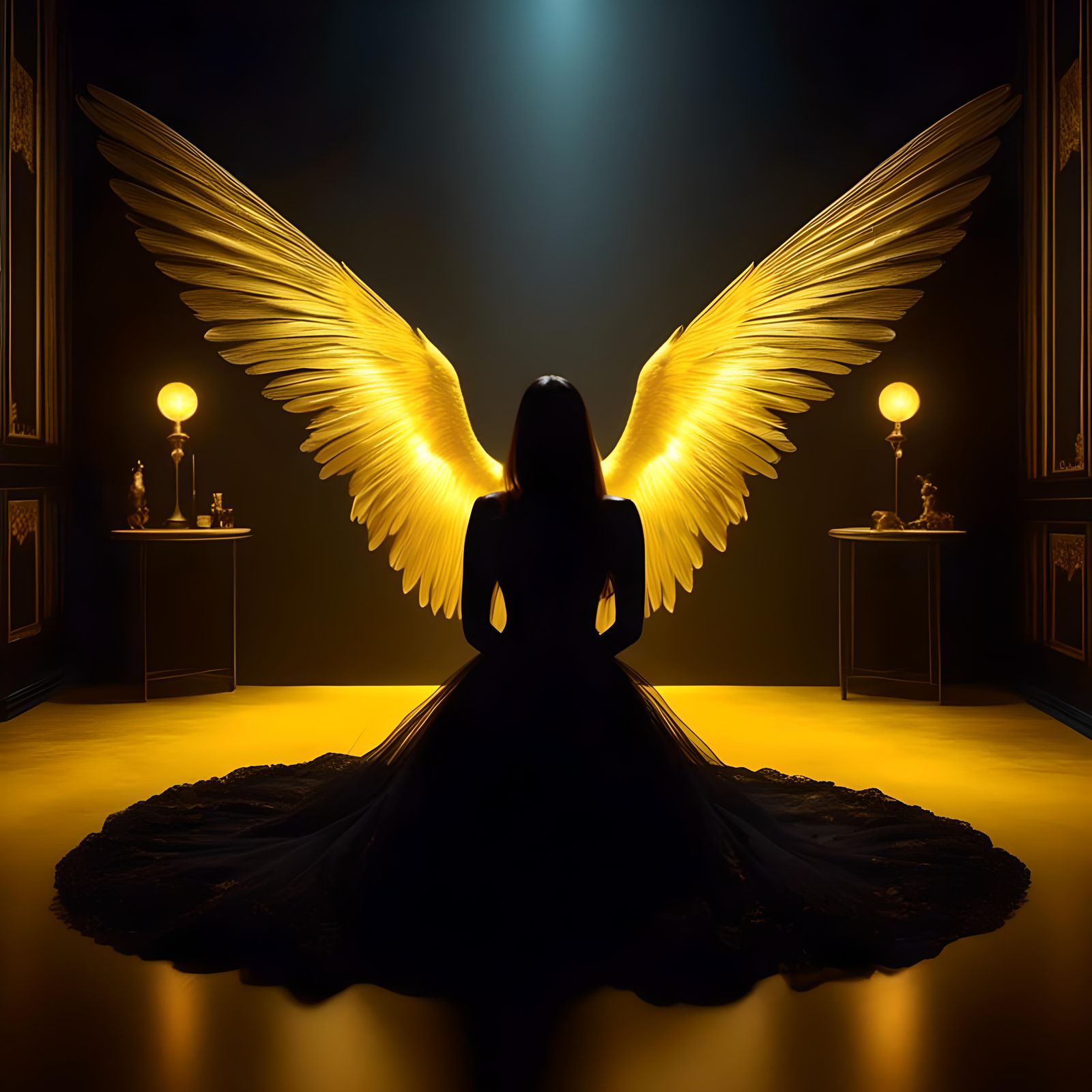 Angel Silhouette in Dark Room with Yellow Lighting