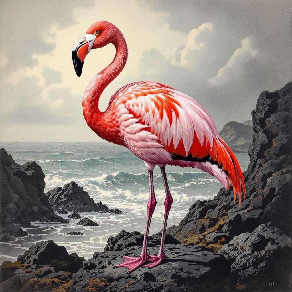 Victorian Flamingo in Galapagos Charcoal Drawing