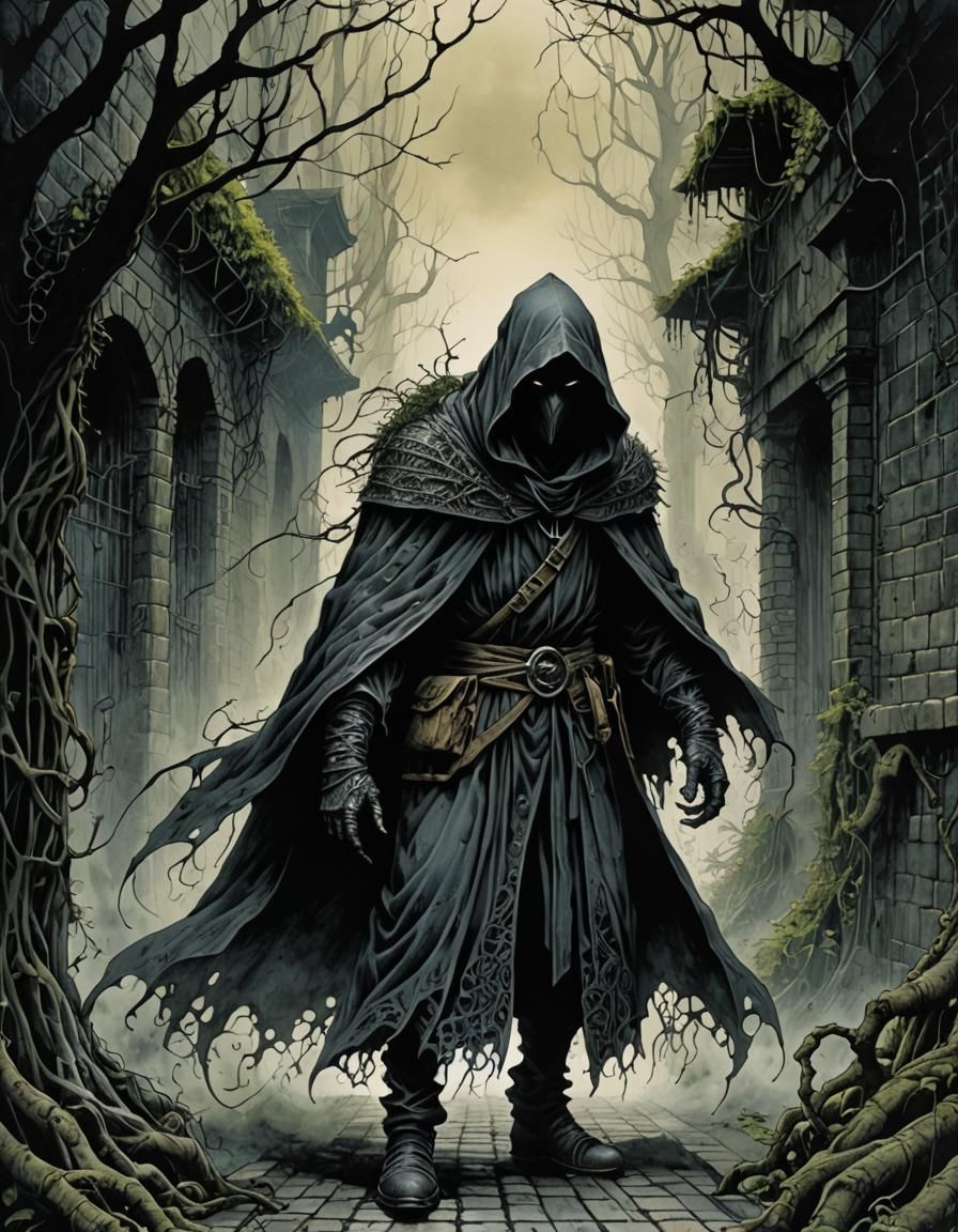 Eerie Cloaked Figure in Ink Drawing Style