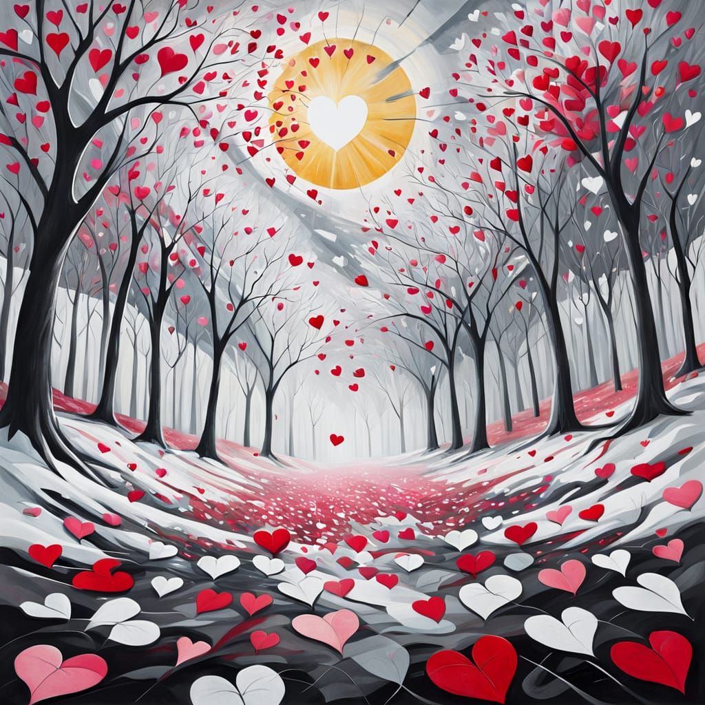 Surreal Autumn Scene with Blowing Hearts
