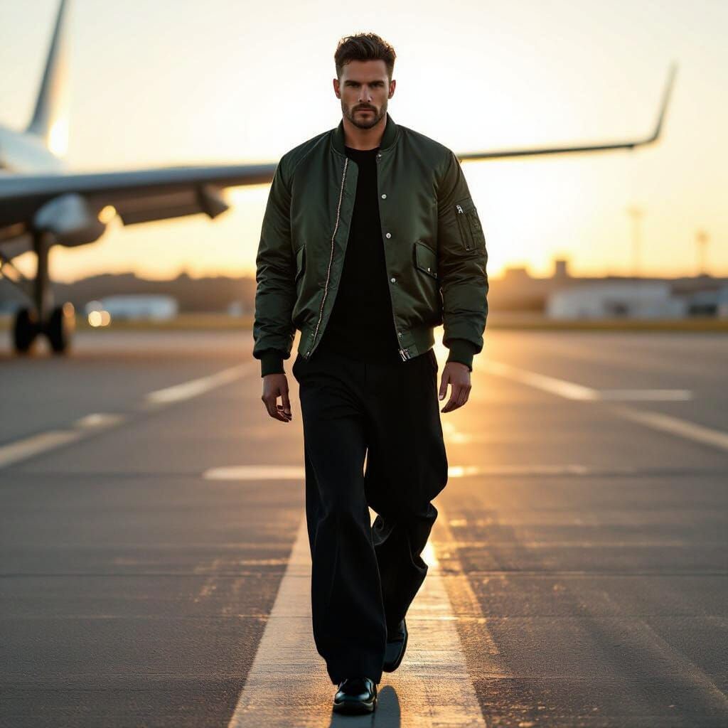 Man Strides Down Airport Runway in Editorial Fashion Style