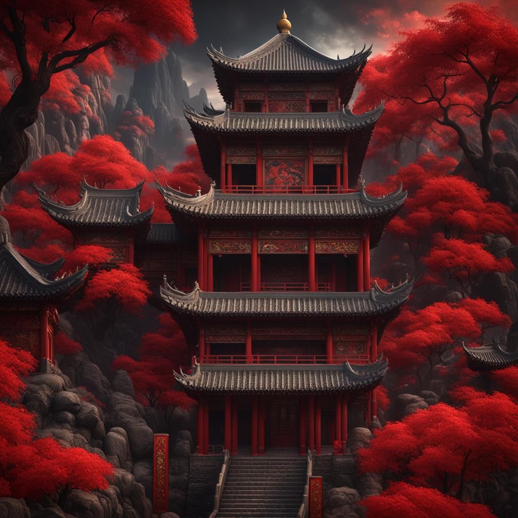 Chinese Cinnabar Matte Painting in Deep Color