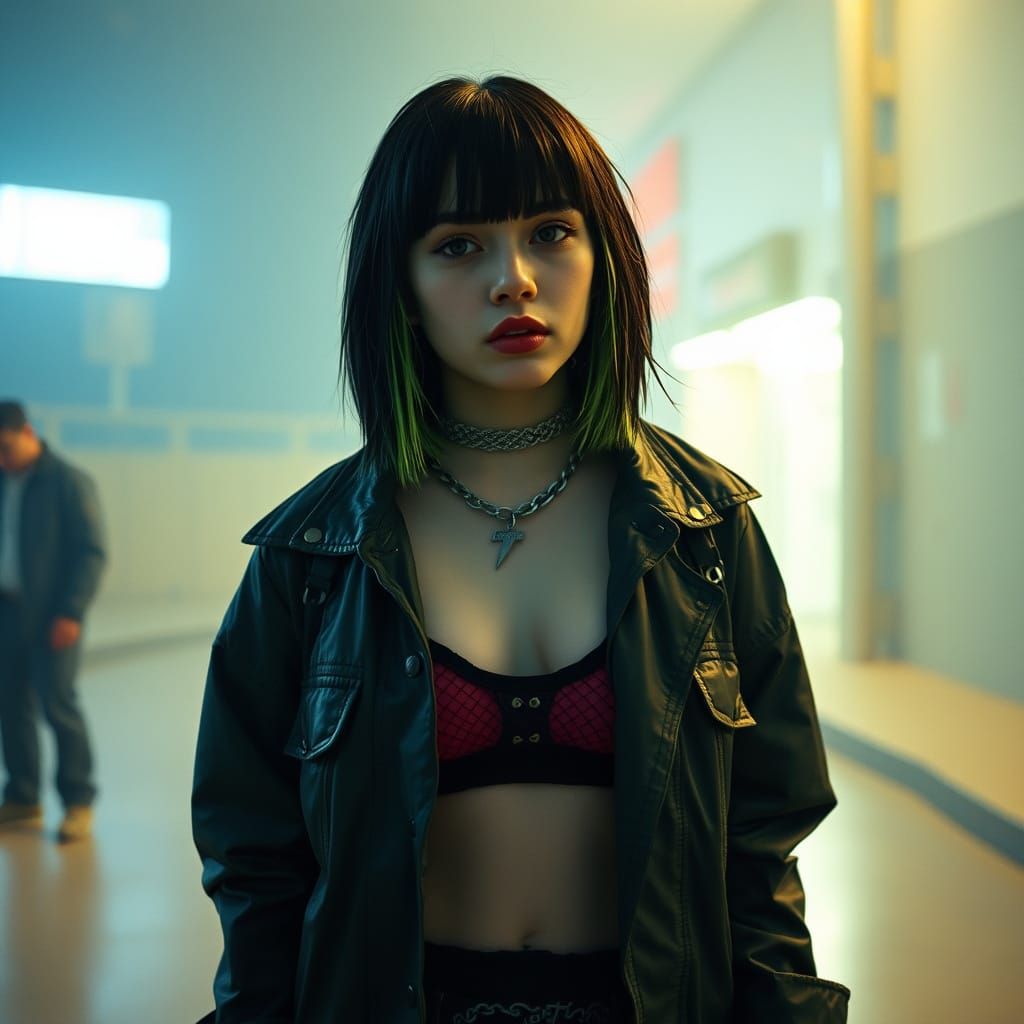 Billie Eilish in Bold Streetwear, Cinematic Film Still