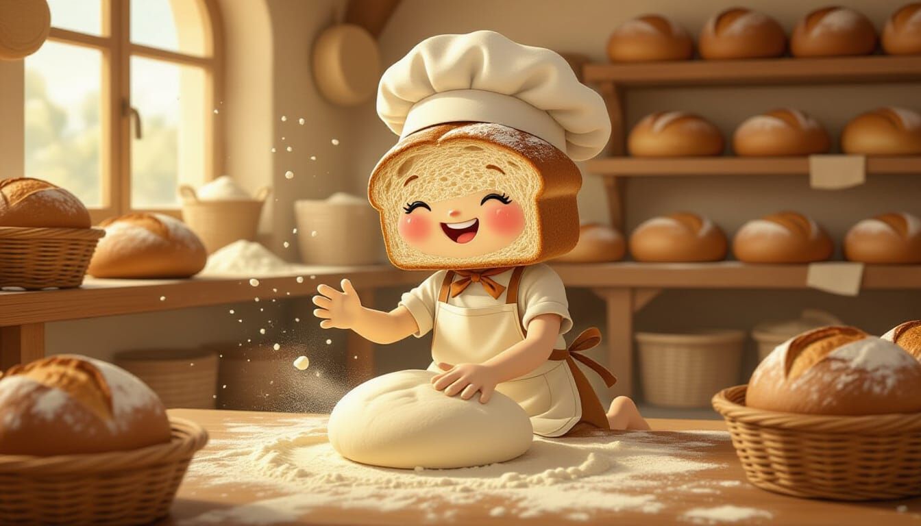 Whimsical Bread Baker Character in Rustic Bakery