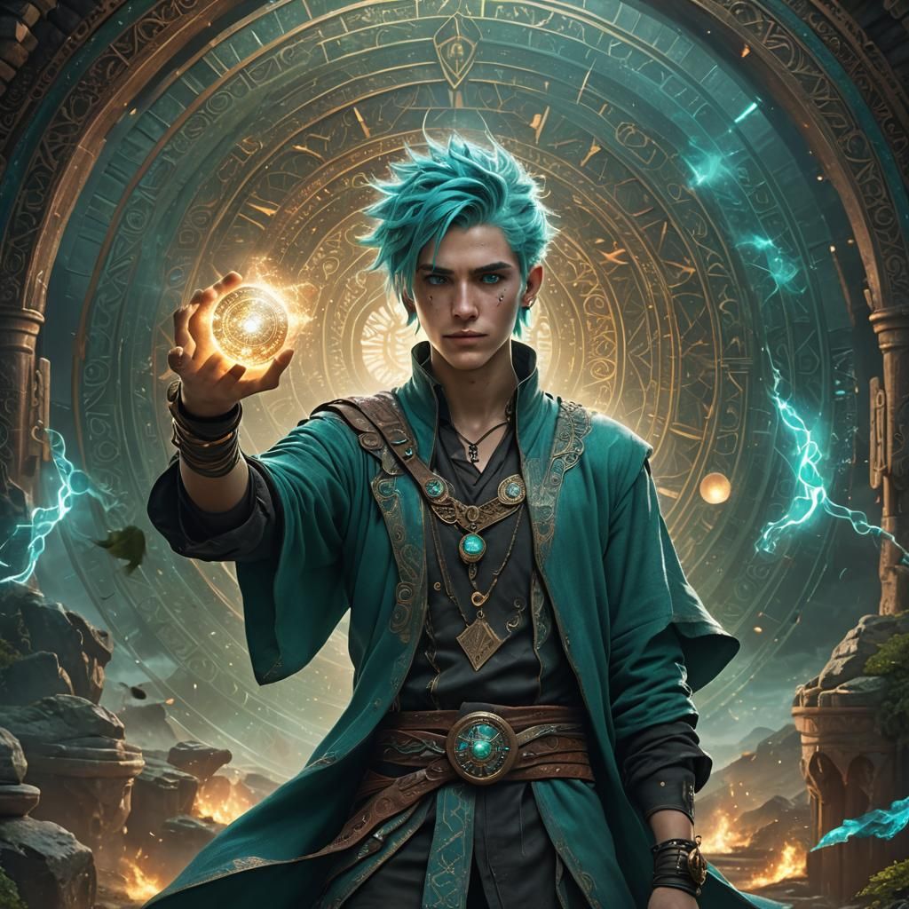 Young Turquoise-Haired Mage Surrounded by Magic