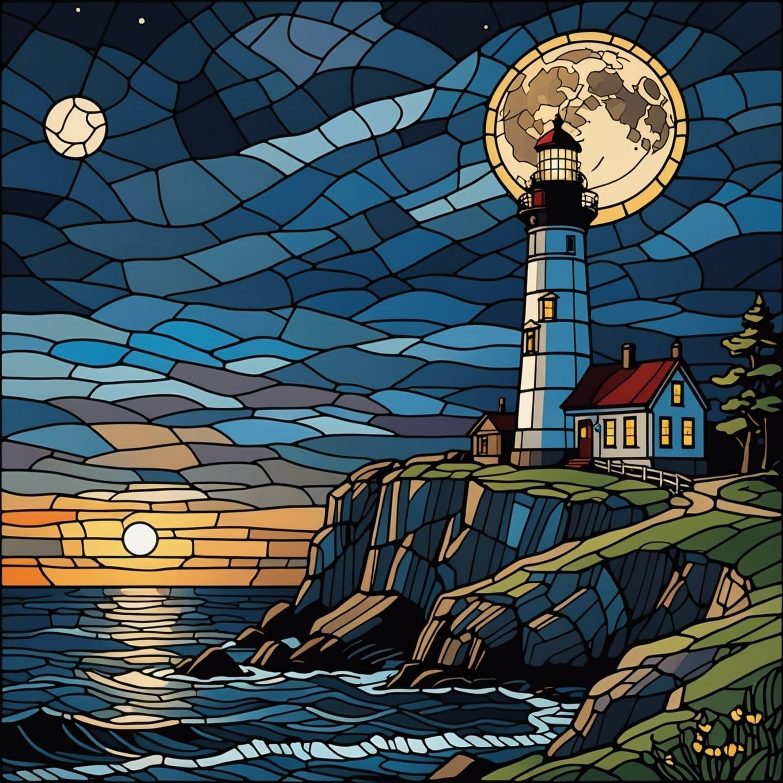 Lighthouse at Night in Stained Glass Style