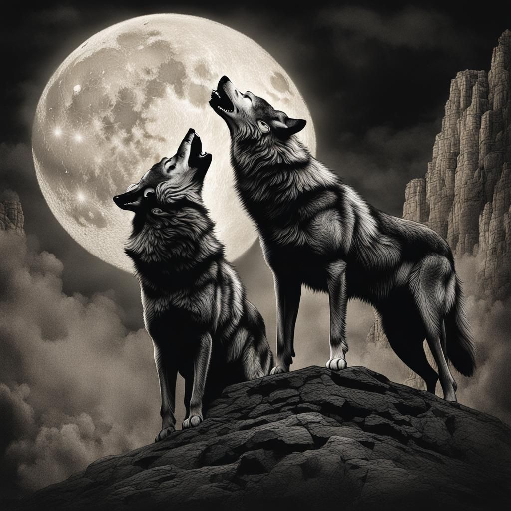 Wolves Howling at Moon: Charcoal Drawing