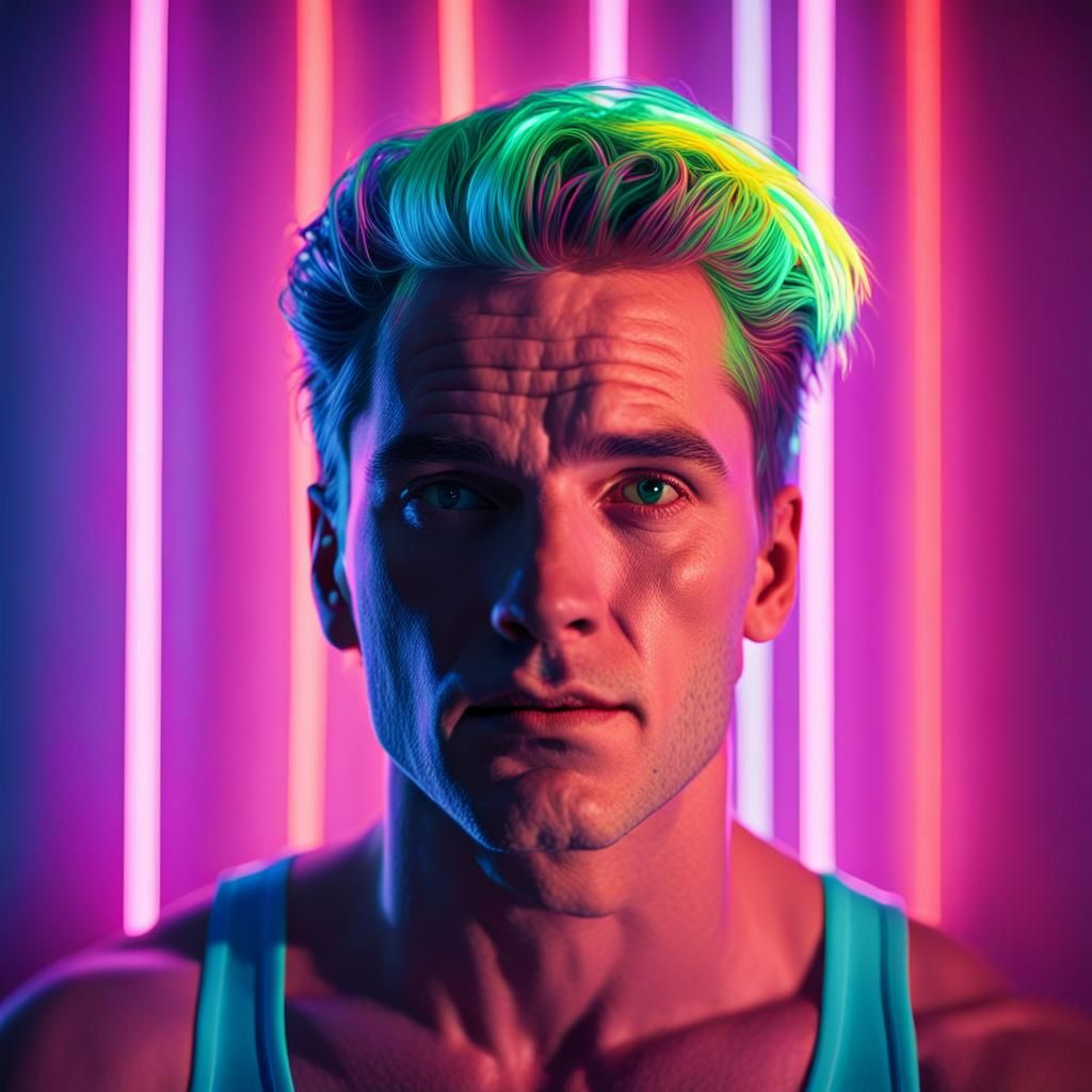 Neon Retro Portrait of Handsome Man in 80s Style