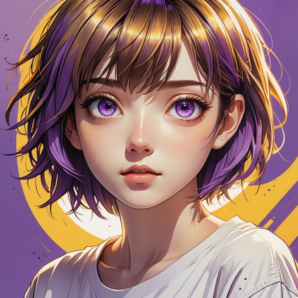Happy Manga Girl with Violet Eyes in Pop Art Style