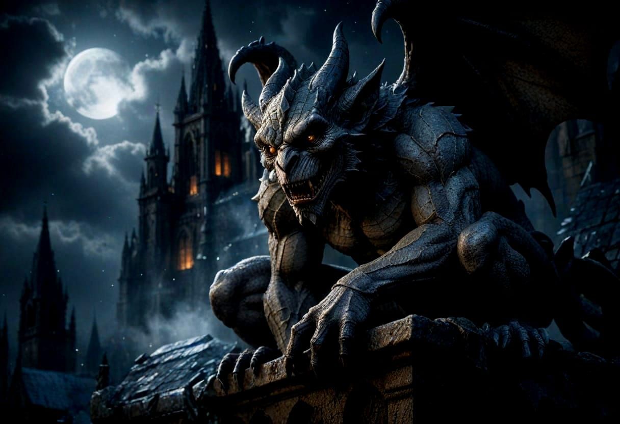 Gargoyle Watching Over Gothic Cathedral at Night