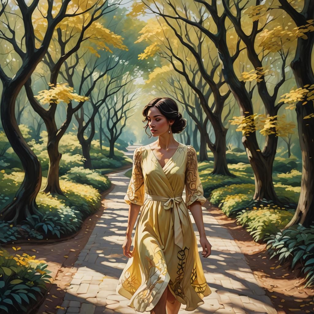 Woman in Yellow Dress in Serene Park, Oil Painting
