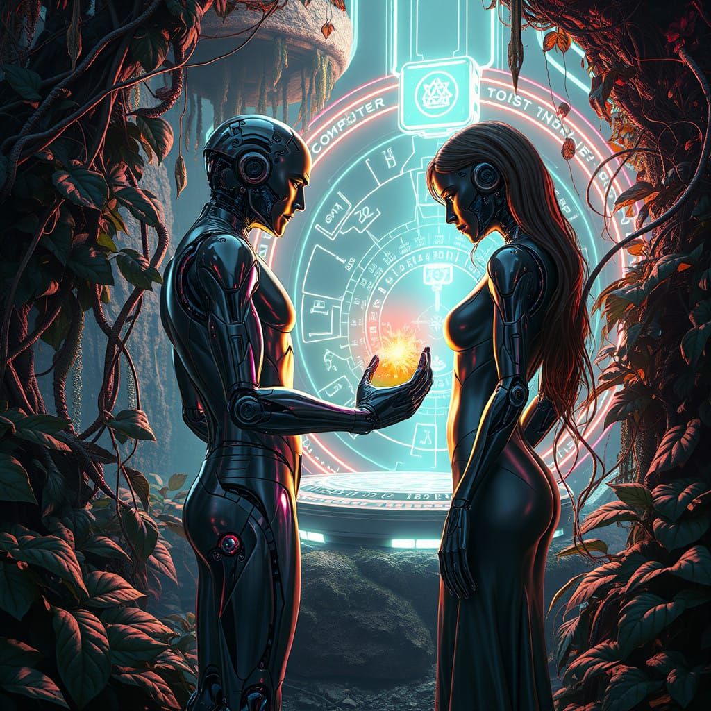 Cyberpunk Androids Reach for Forbidden Digital Fruit