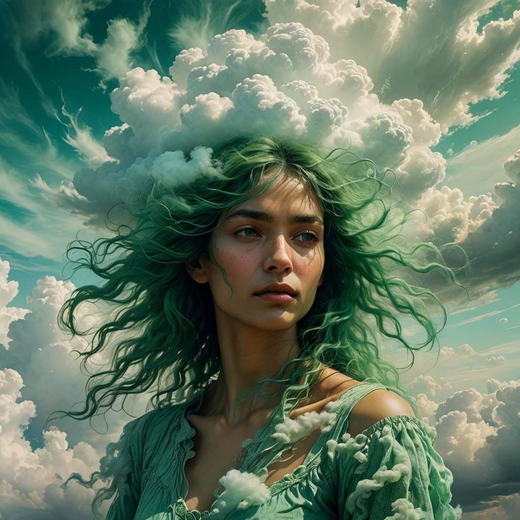 Ethereal Woman with Cloud Hair: Fantasy Art