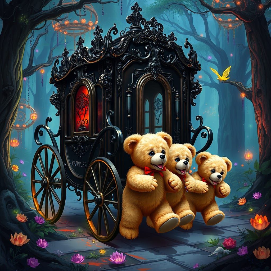 Vampire Carriage Pulled by Teddy Bears in Enchanted Forest