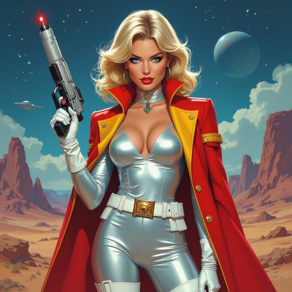 Nordic Blonde in Sci-Fi Silver Outfit with Ray Gun