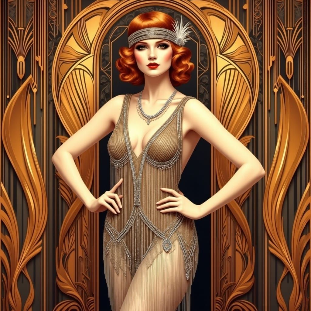 Vintage Redhead Flapper Girl in Opulent Art Deco Setting