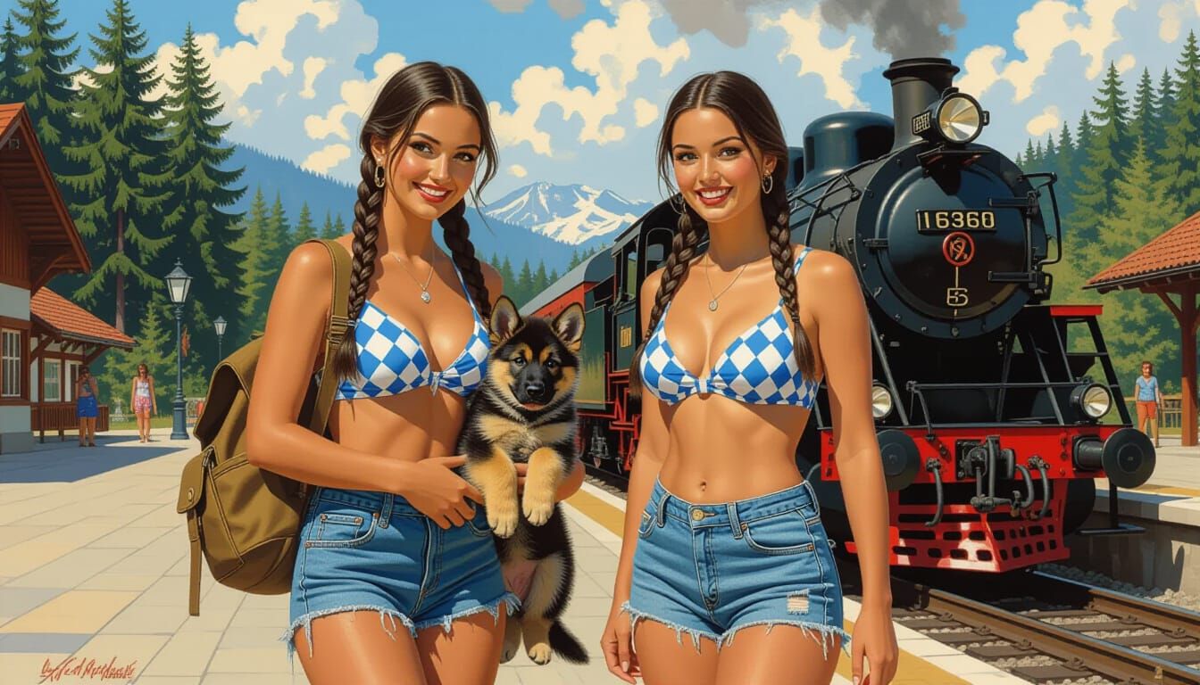 Women with Puppy and Steam Train in Frazetta Style