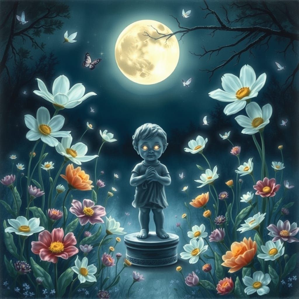 a statue of a child with eyes that glow softly
