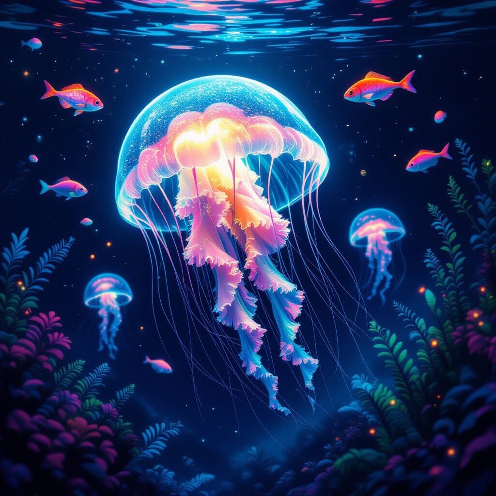 Bioluminescent Jellyfish in Alien Ocean: Hyperrealistic Digi...