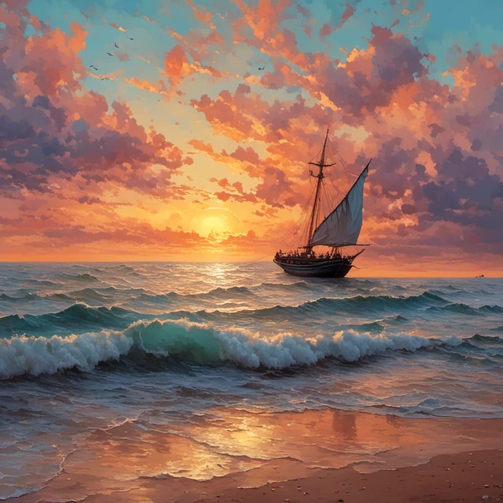Hyperrealistic Sunset Scene: Boat Sailing at Sea