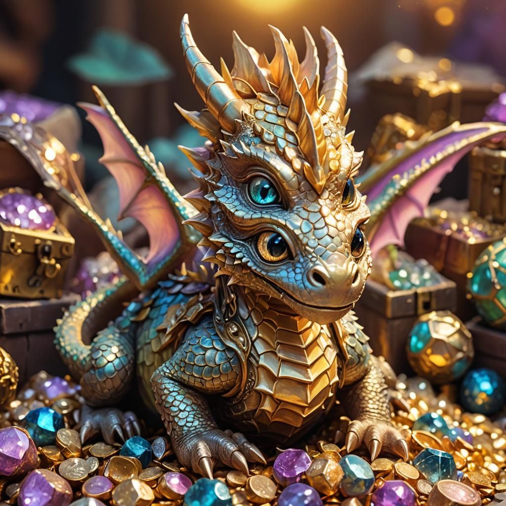 Adorable Baby Dragon on Treasure Pile: Fantasy Illustration