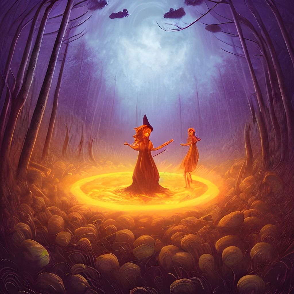 Witches Spellcasting in Misty Forest, Dark Fantasy Style