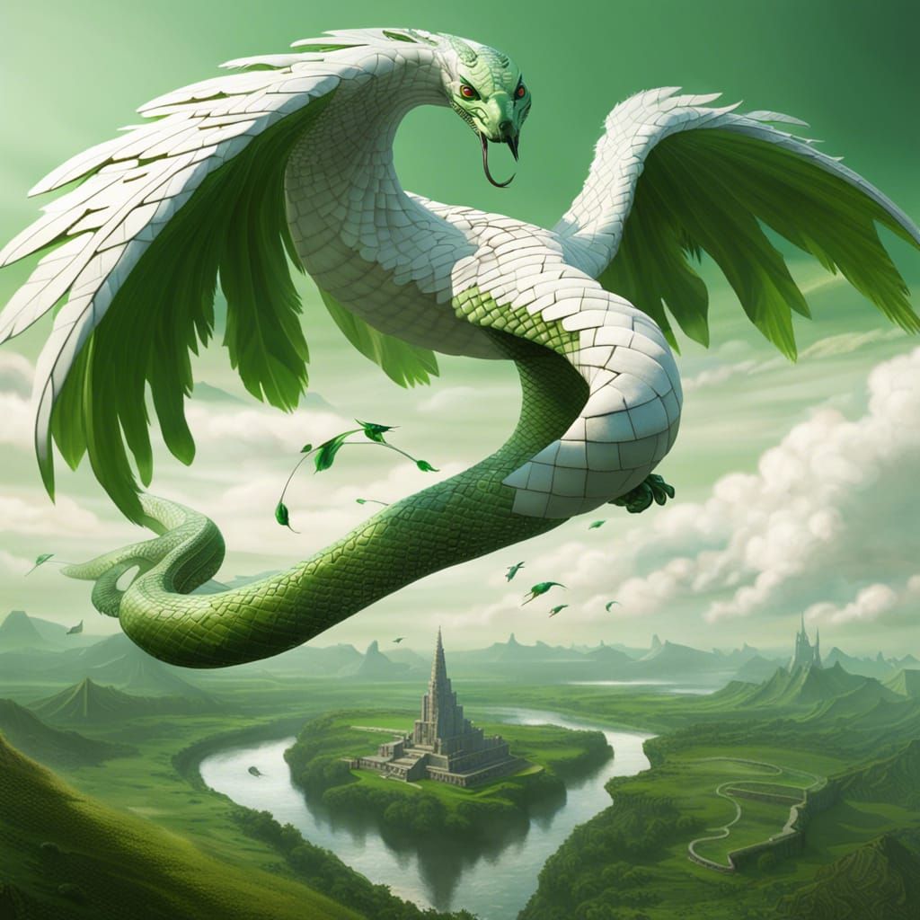 Flying White Snake Over Ziggurat, Dark Fantasy Art