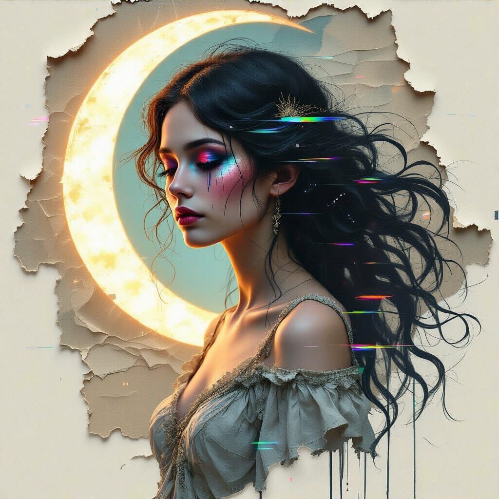 Mystical Woman with Crescent Moon: Mixed Media Style