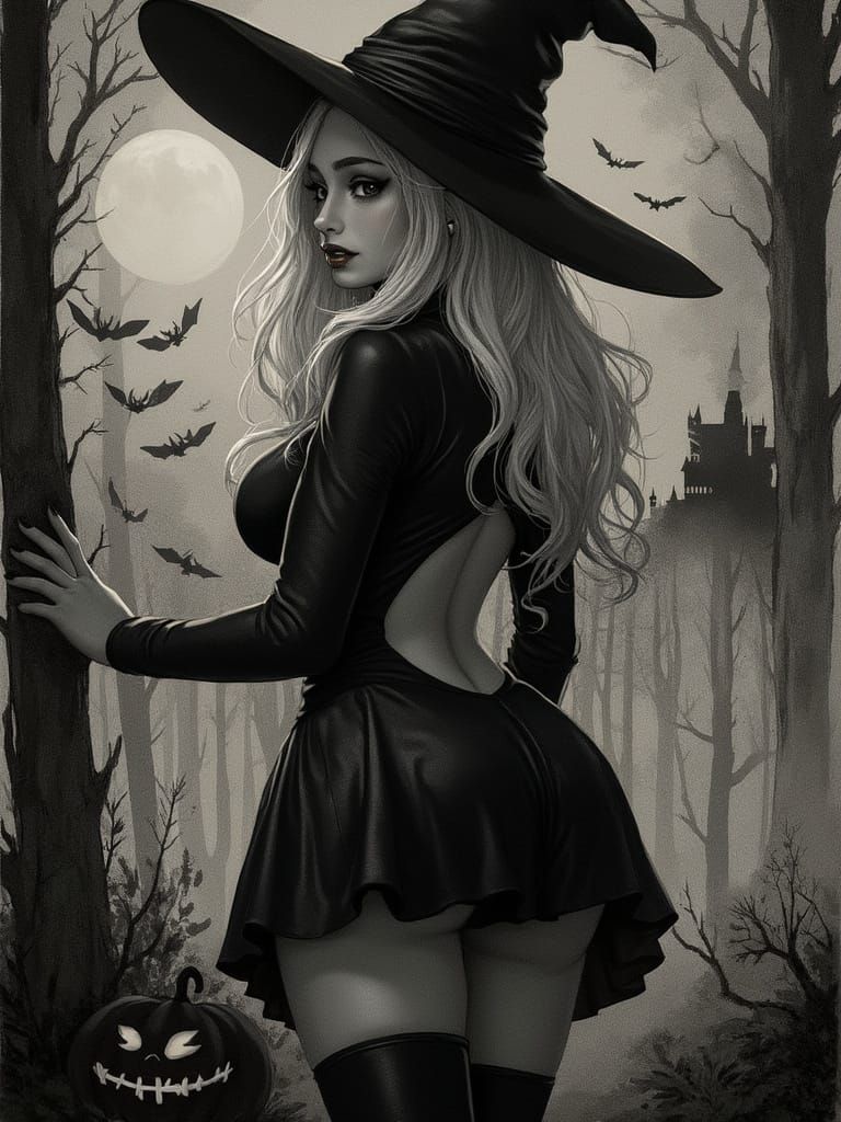 Anime Witch in Gothic Forest Under Moonlight