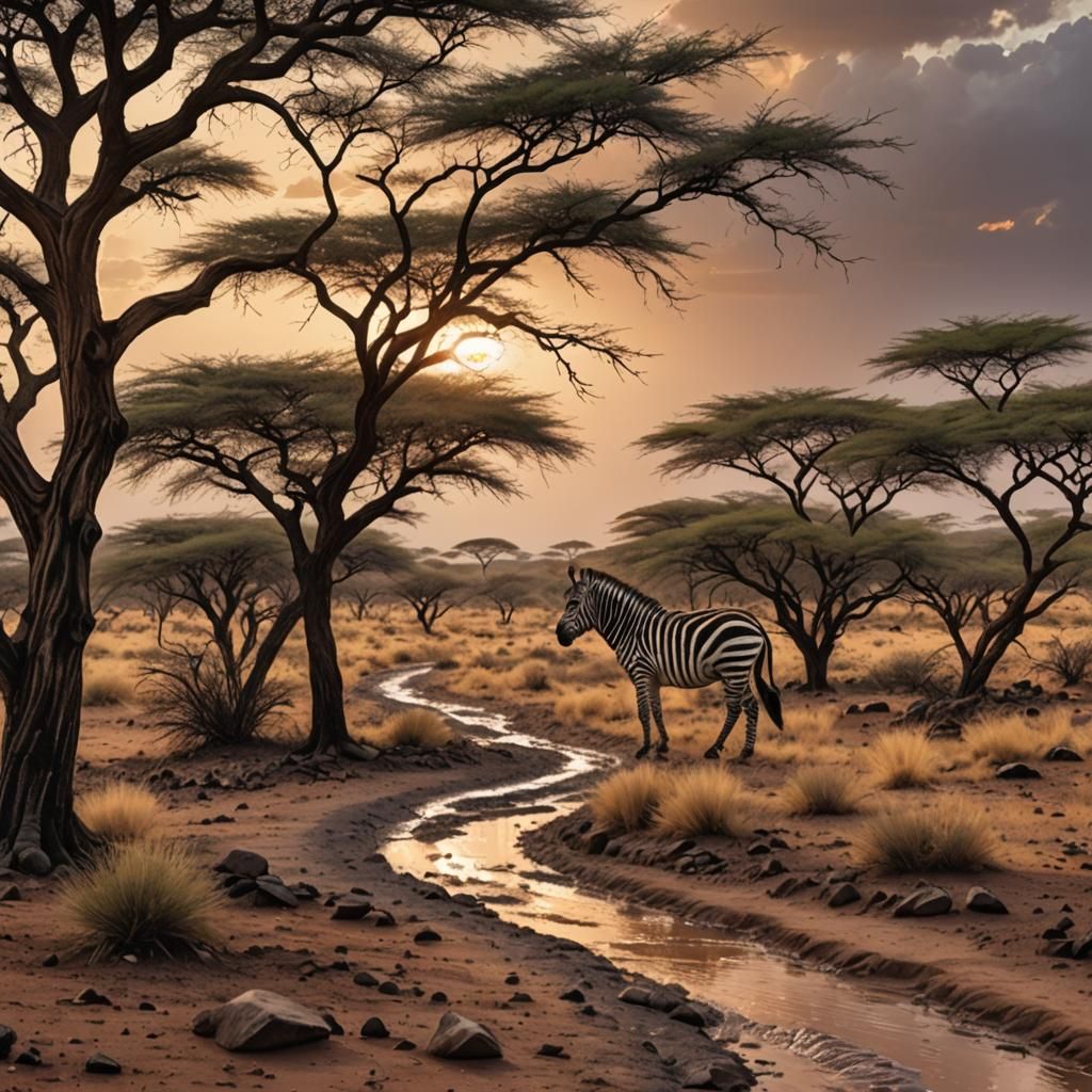 Zebra in the Rainy African Savannah Sunset