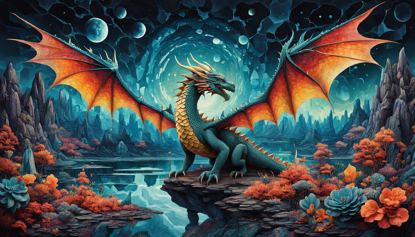 Surreal Dreamscape with Glowing Dragon Amidst Vibrant Natura...