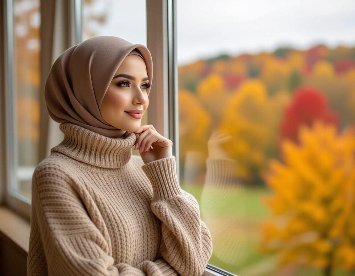 Elegant Hijabi Woman in Autumn Window View