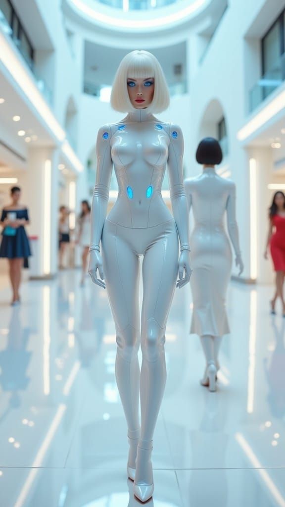 Sleek Robot Pin-Up in Neon Blue