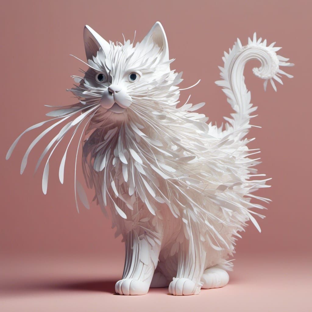 Macro 3D Feather Sculpture of a Cat