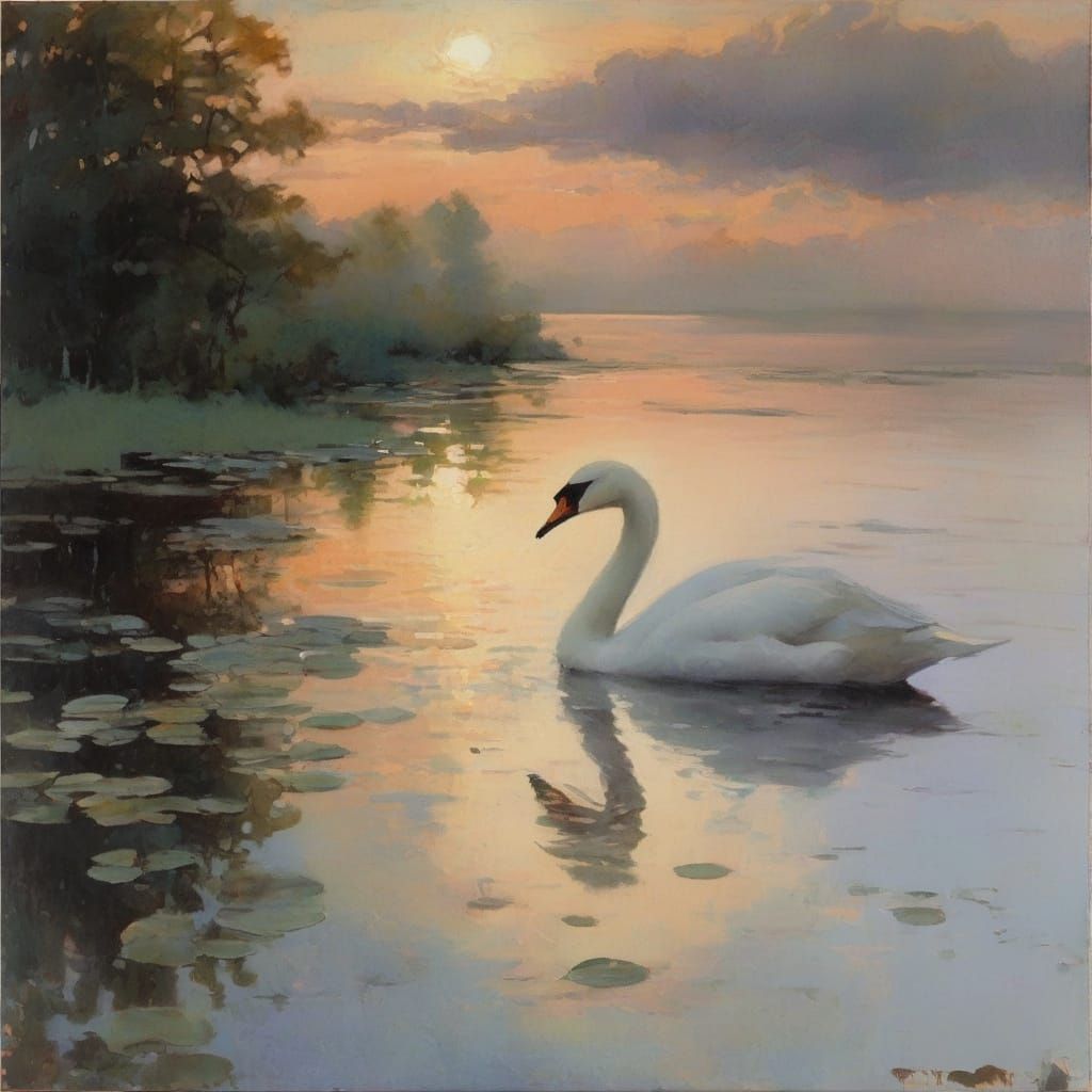 Serene Twilight Lagoon with Elegant Swan