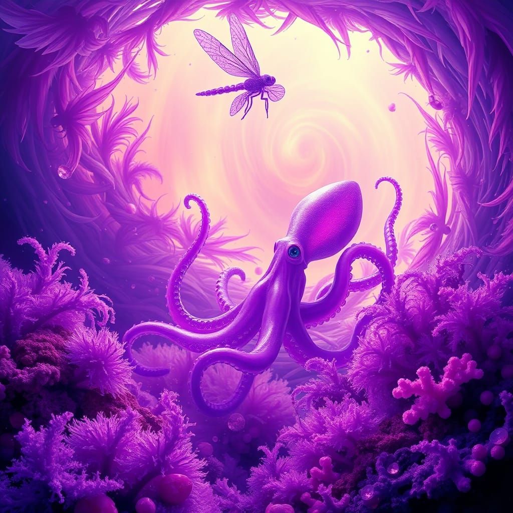 Iridescent Purple Squid Emerges from Coral Vortex