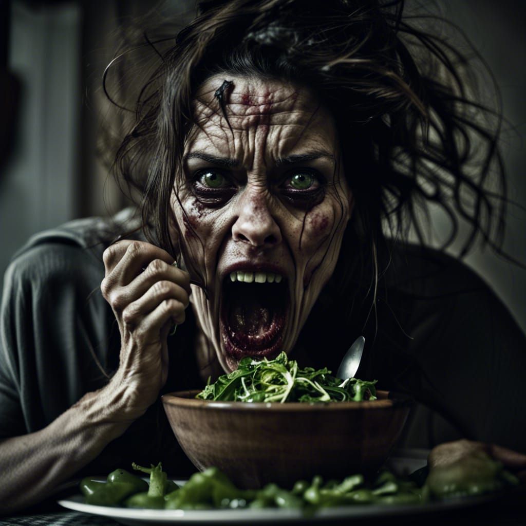 Existential Horror: Woman Screaming and Eating Rotten Salad